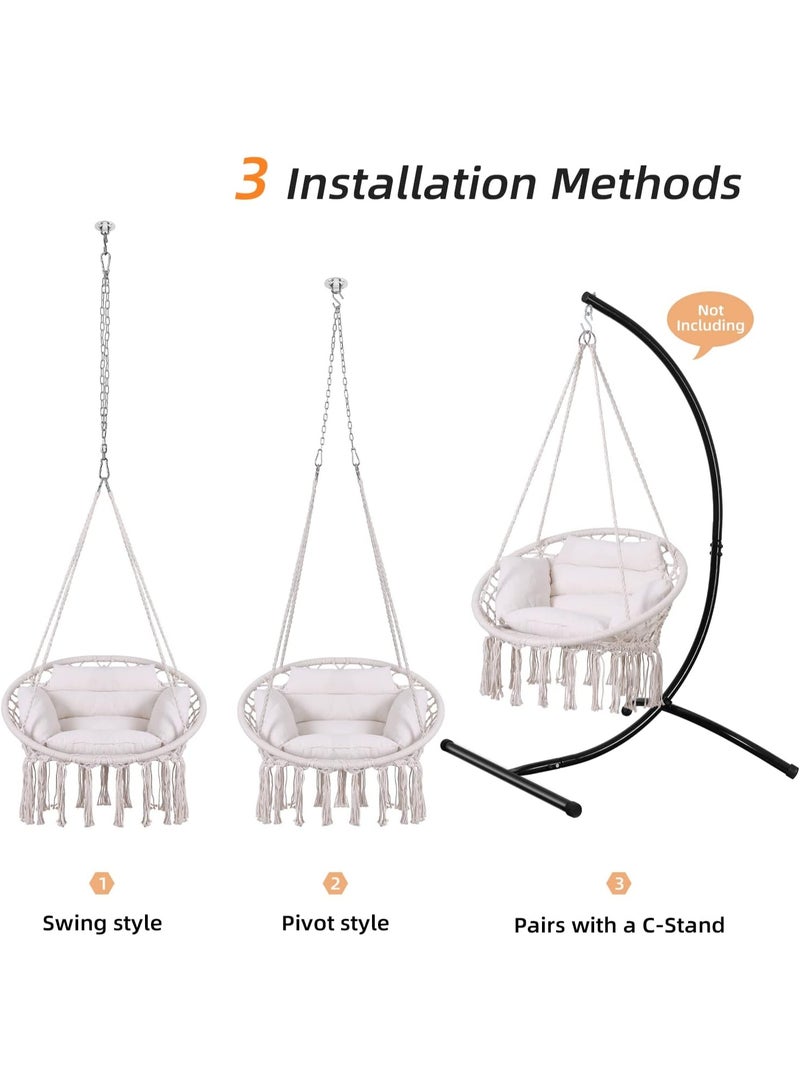 Funz Hammock Chair Hanging Macrame Swing with Large Thick Cushion and Hardware Kits Swing Chair for Indoor and Outdoor Offwhite - Image 5