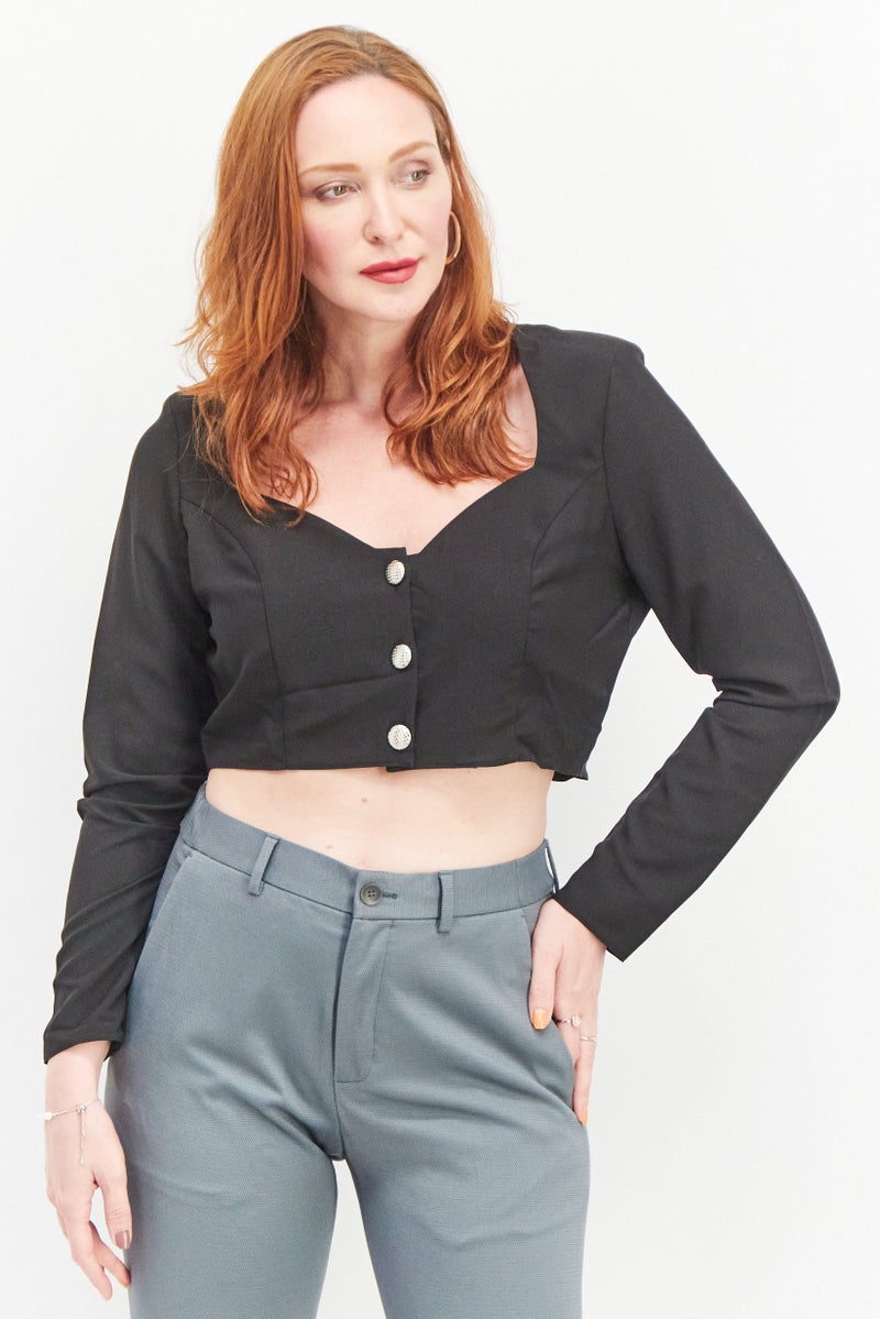 ASOS بلوزة بتصميم أسوس للنساء بياقة على شكل قلب وأكمام طويلة، سوداء - Image 1