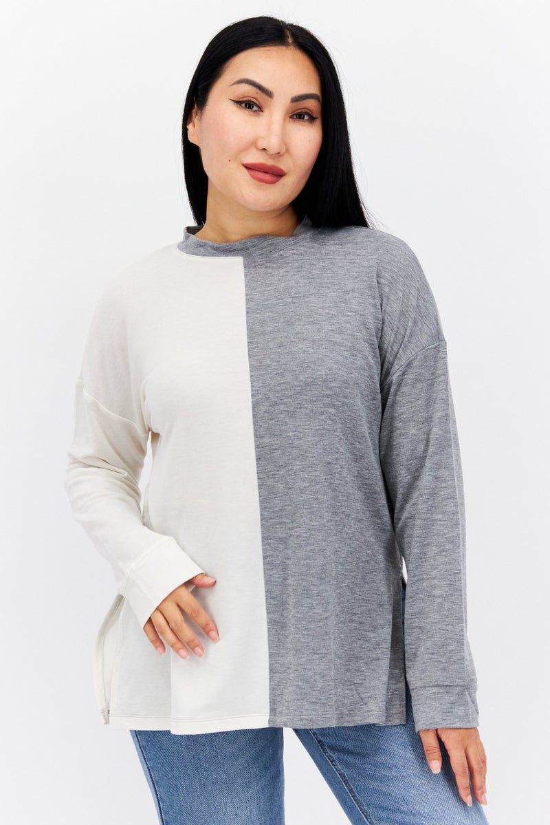 Refinery29 Women Round Neck Long Sleeve Two-Toned Blouse, Grey - Image 1