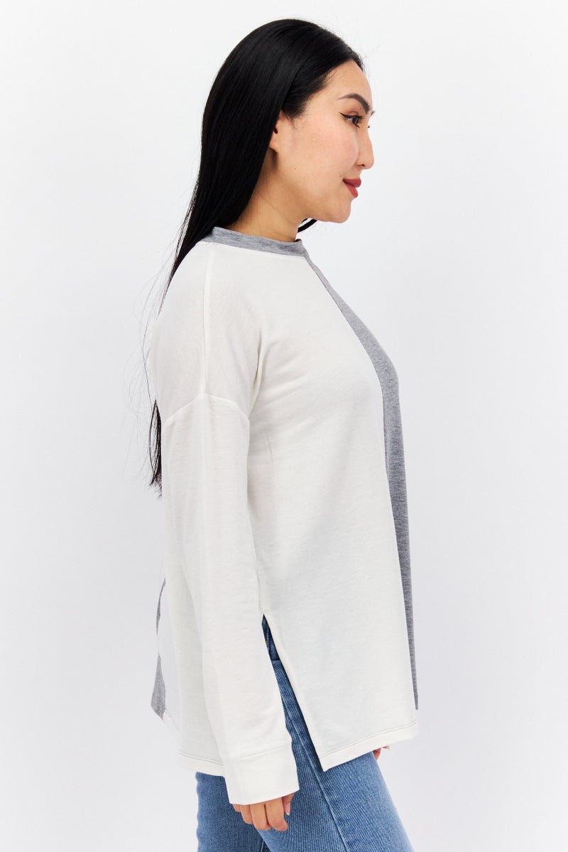 Refinery29 Women Round Neck Long Sleeve Two-Toned Blouse, Grey - Image 3