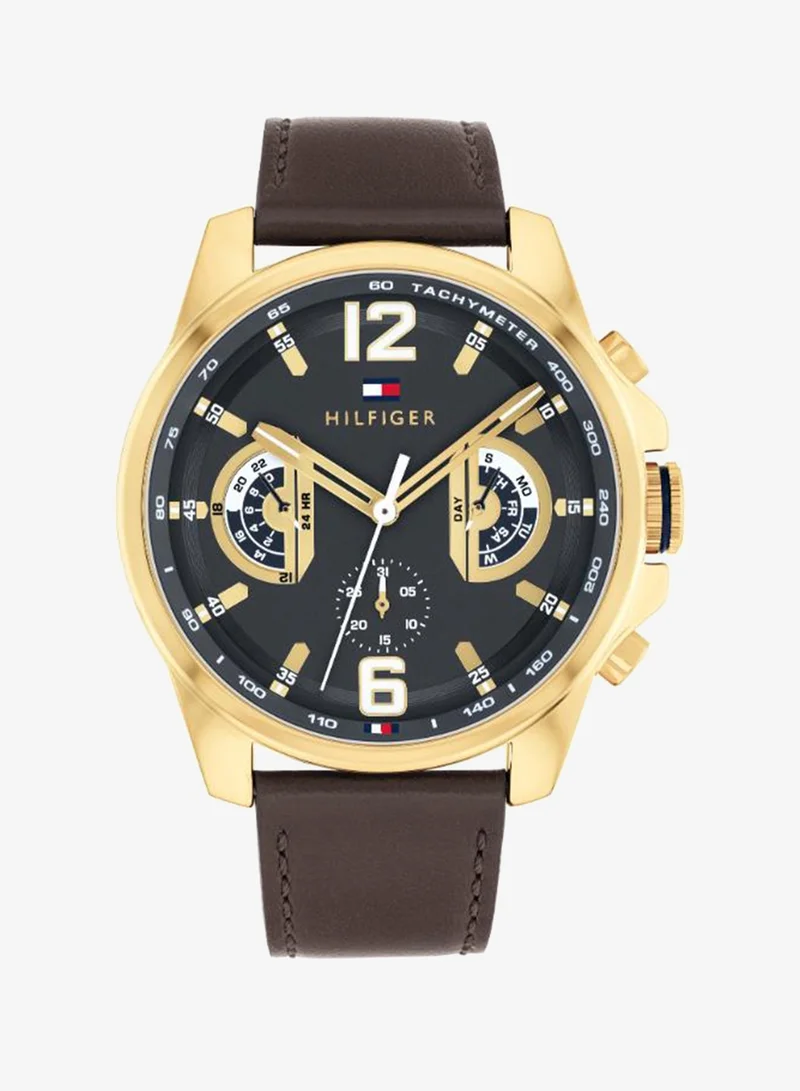 Men's Quartz Multifunction Watch, Blue Dial, Brown Leather Strap
