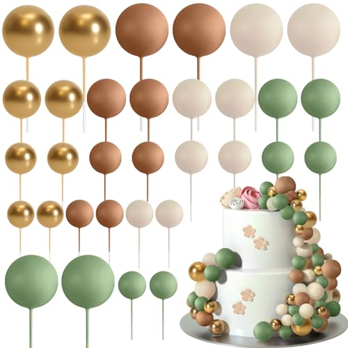 ASTARON 32 Pcs Ball Cake Topper Decorations Mini Balloons Cake Topper Sticks Foam Balls Cake Picks Cake Topper Balls Cake Decorations for Wedding Party Birthday Cake Decorating Green Brown Gold - Image 1