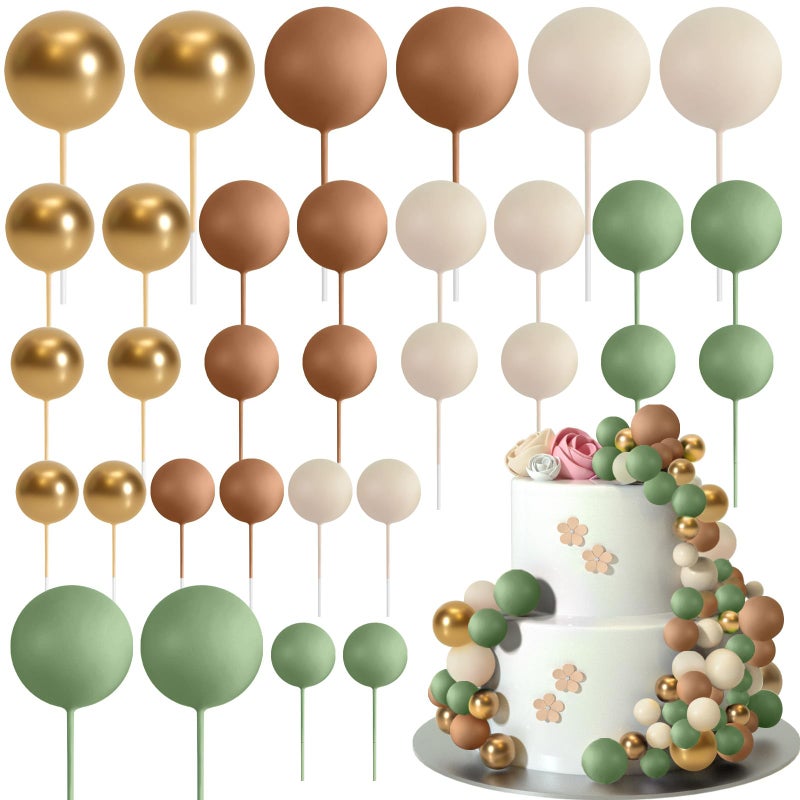 ASTARON 32 Pcs Ball Cake Topper Decorations Mini Balloons Cake Topper Sticks Foam Balls Cake Picks Cake Topper Balls Cake Decorations for Wedding Party Birthday Cake Decorating Green Brown Gold - Image 3