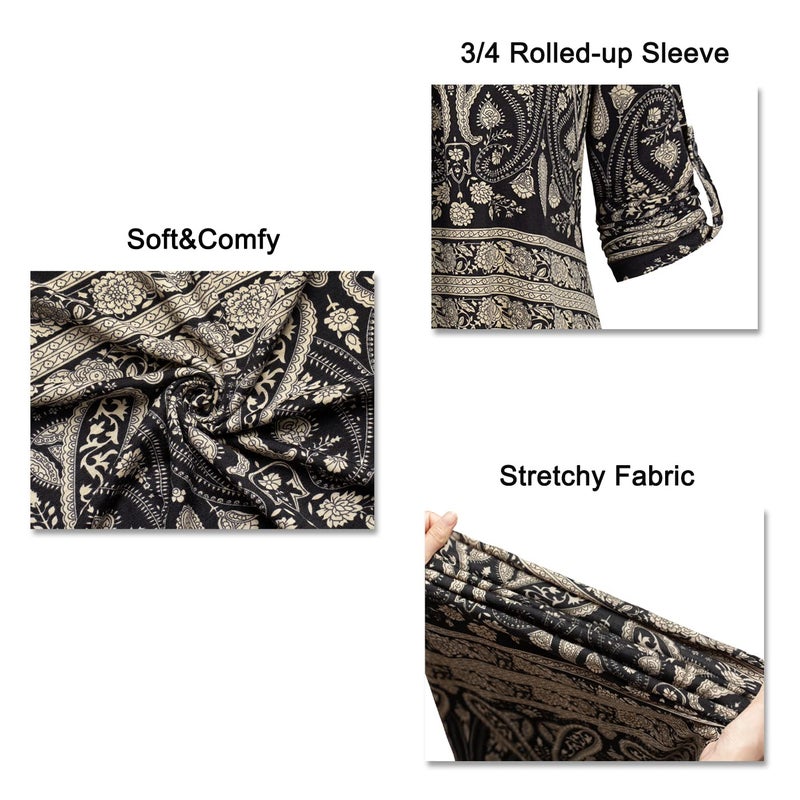 BEPEI Womens Tops and Blouses,Ladies 3/4 Rolled-up Sleeve Trendy Stand Collar Fitted Top Fall Fashion 2026 Winter Misses Bohemian Travel Club Comfortable Dress Shirts Ruched Tunic Black Beige Large - Image 4