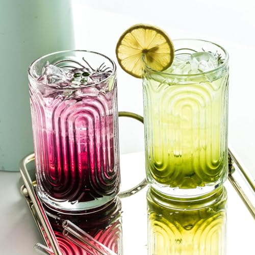 INSETLAN Set of 6 Vintage Glassware - 14 oz Water Drinking Glasses, Art Deco Ripple Glass Cup, Cocktail Glasses, for Bar Beverages Ice Coffee Juice, Housewarming Presents, New House Essentials - Image 3