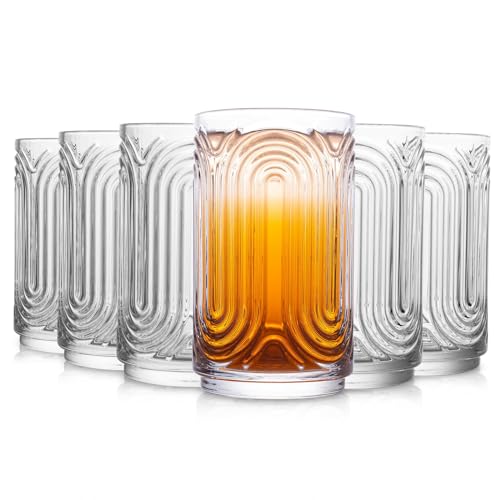 INSETLAN Set of 6 Vintage Glassware - 14 oz Water Drinking Glasses, Art Deco Ripple Glass Cup, Cocktail Glasses, for Bar Beverages Ice Coffee Juice, Housewarming Presents, New House Essentials - Image 1