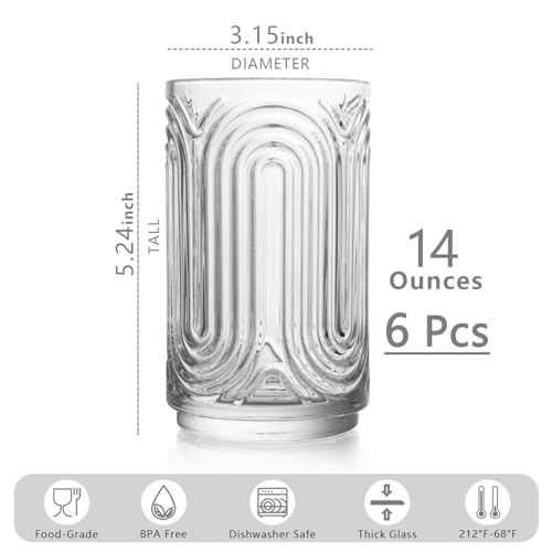 INSETLAN Set of 6 Vintage Glassware - 14 oz Water Drinking Glasses, Art Deco Ripple Glass Cup, Cocktail Glasses, for Bar Beverages Ice Coffee Juice, Housewarming Presents, New House Essentials - Image 2