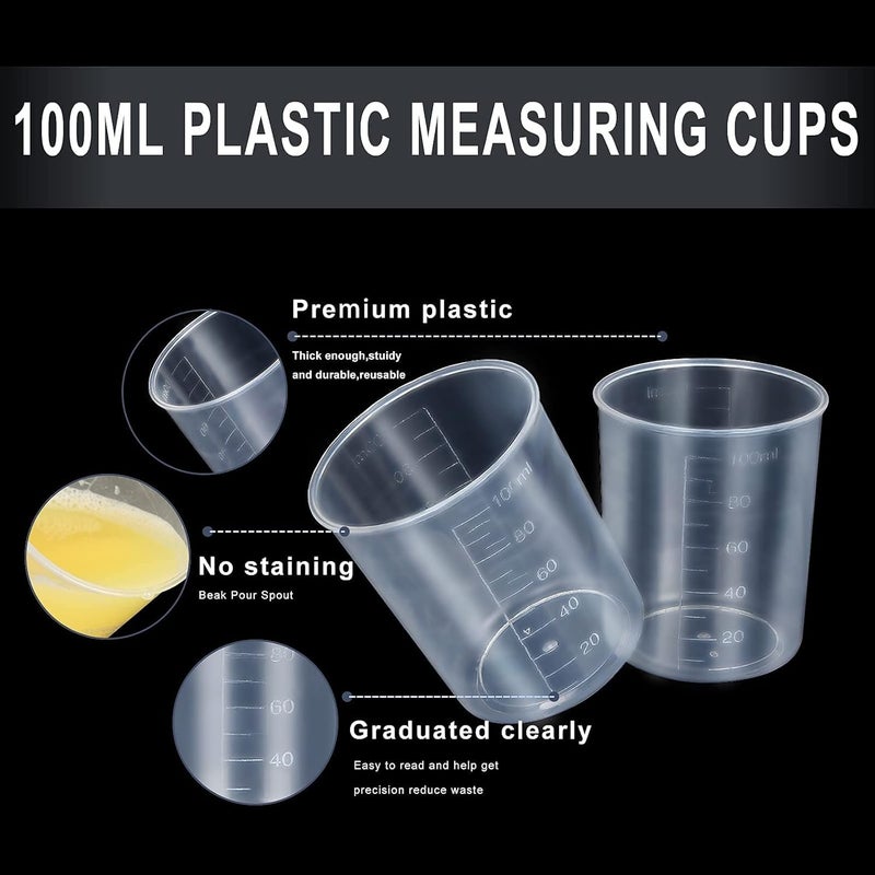 HNBun 100Pcs 100ML Plastic Graduated Measuring Beaker Set, Clear Liquid Measuring Mixing Cups for Epoxy Resin, Liquid Container Beakers for Resin Epoxy Paint Food, Lab Use, Raised Graduations, Tapered Spout - Image 2