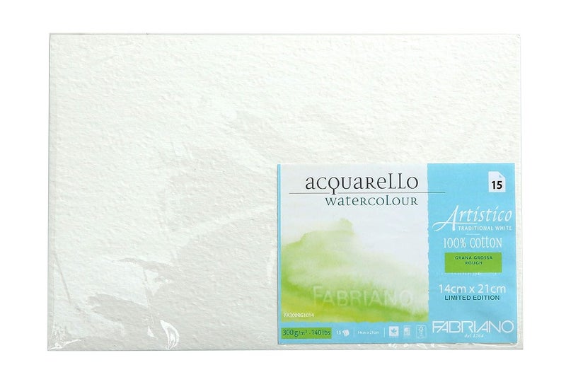 FABRIANO Artistico Traditional White Watercolour paper, 100% Cotton – 15 Sheets, Rough, 300 GSM, 14 x 21 cm |Ideal for watercolour, drawing, with tempera, gouache, acrylic, ink, charcoal, graphite. - Image 1