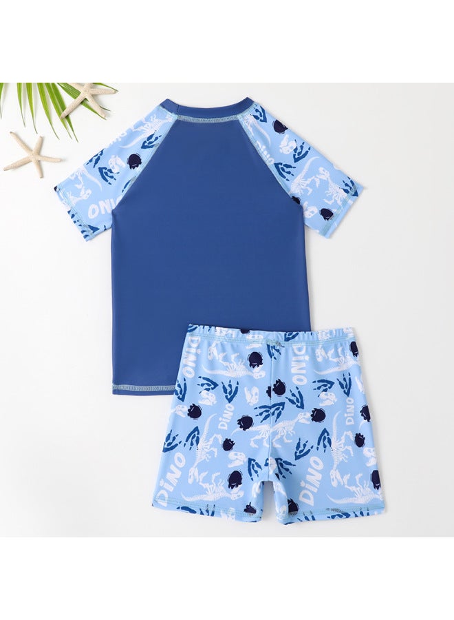 إسكدنيا ملابس سباحة للأولاد بأكمام قصيرة 2024 بدلة سباحة للأولاد على شكل ديناصور جرافيتي من قطعتين - اللون: أزرق - - Image 5