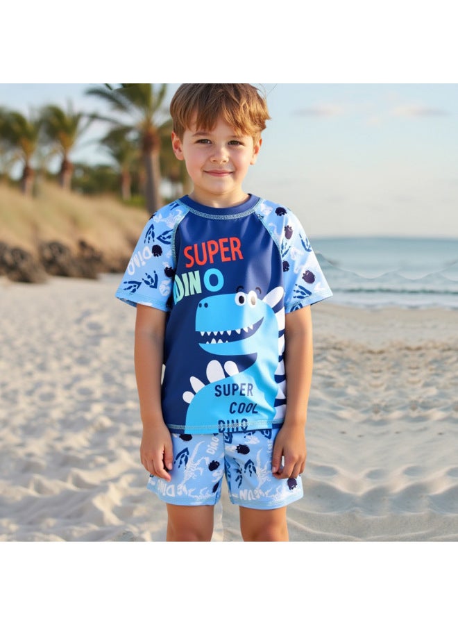 إسكدنيا ملابس سباحة للأولاد بأكمام قصيرة 2024 بدلة سباحة للأولاد على شكل ديناصور جرافيتي من قطعتين - اللون: أزرق - - Image 2