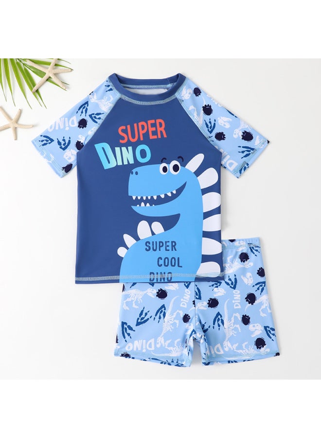 إسكدنيا ملابس سباحة للأولاد بأكمام قصيرة 2024 بدلة سباحة للأولاد على شكل ديناصور جرافيتي من قطعتين - اللون: أزرق - - Image 4
