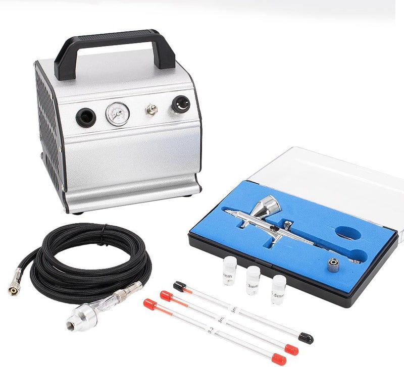 Pinkiou Airbrush Kit with Air Compressor Dual Action Airbrush Gun Set with 1/6 HP Quiet Air Compressor Include 0.2mm 0.3 &0.5mm Needles and Hose Gravity Airbrush Set for Model Painting,Cakes,Clothes - Image 1