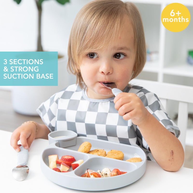 Bumkins Toddler and Baby Suction Plate, Silicone Divided Grip Dish for Babies and Kids, Baby Led Weaning, Children Feeding Supplies, Non Skid Bottom, Platinum Silicone, 6 Months Up, Gray and Blue - Image 3