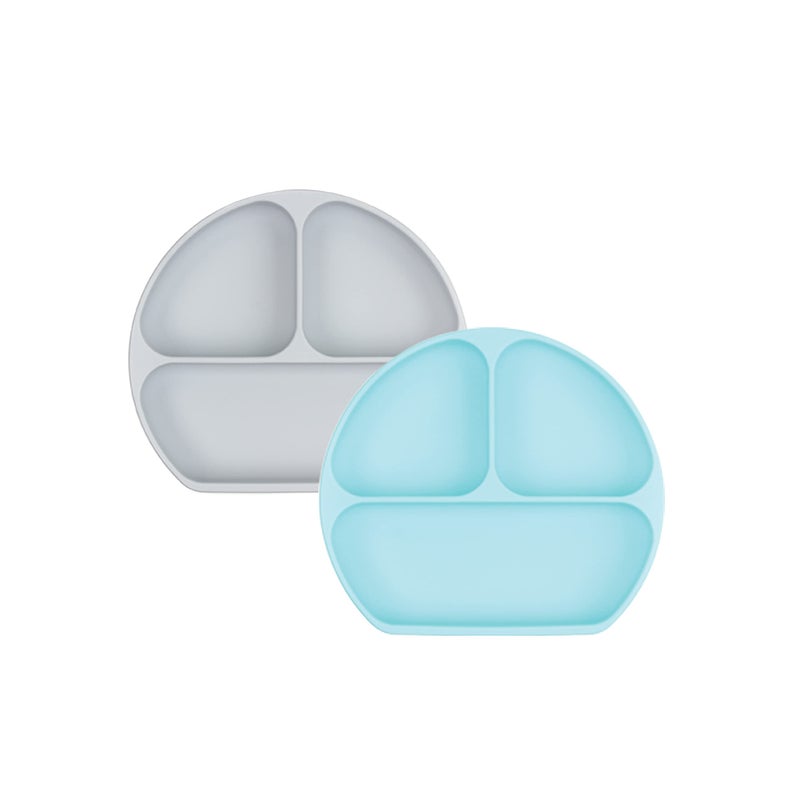 Bumkins Toddler and Baby Suction Plate, Silicone Divided Grip Dish for Babies and Kids, Baby Led Weaning, Children Feeding Supplies, Non Skid Bottom, Platinum Silicone, 6 Months Up, Gray and Blue - Image 1