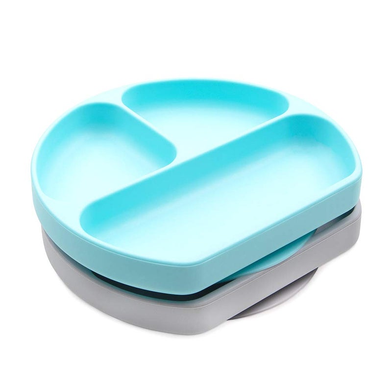 Bumkins Toddler and Baby Suction Plate, Silicone Divided Grip Dish for Babies and Kids, Baby Led Weaning, Children Feeding Supplies, Non Skid Bottom, Platinum Silicone, 6 Months Up, Gray and Blue - Image 2
