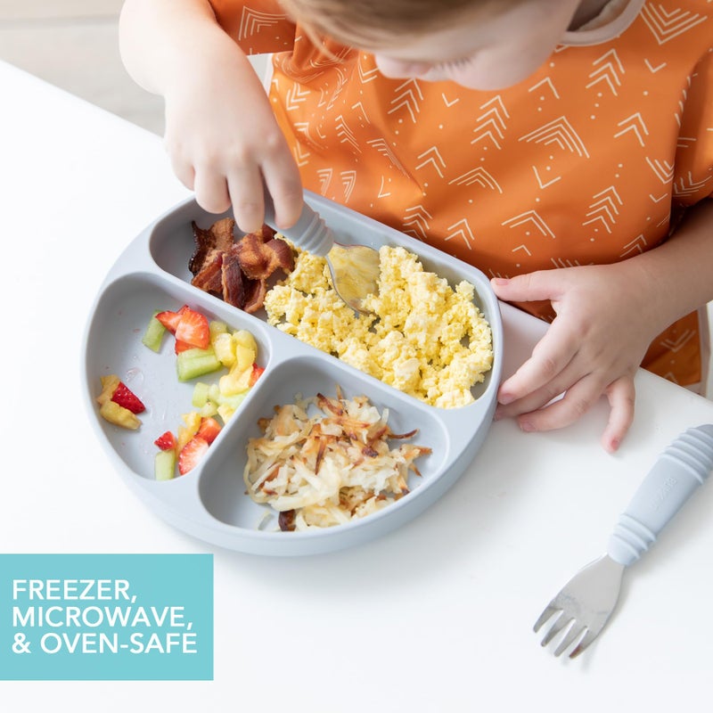 Bumkins Toddler and Baby Suction Plate, Silicone Divided Grip Dish for Babies and Kids, Baby Led Weaning, Children Feeding Supplies, Non Skid Bottom, Platinum Silicone, 6 Months Up, Gray and Blue - Image 5