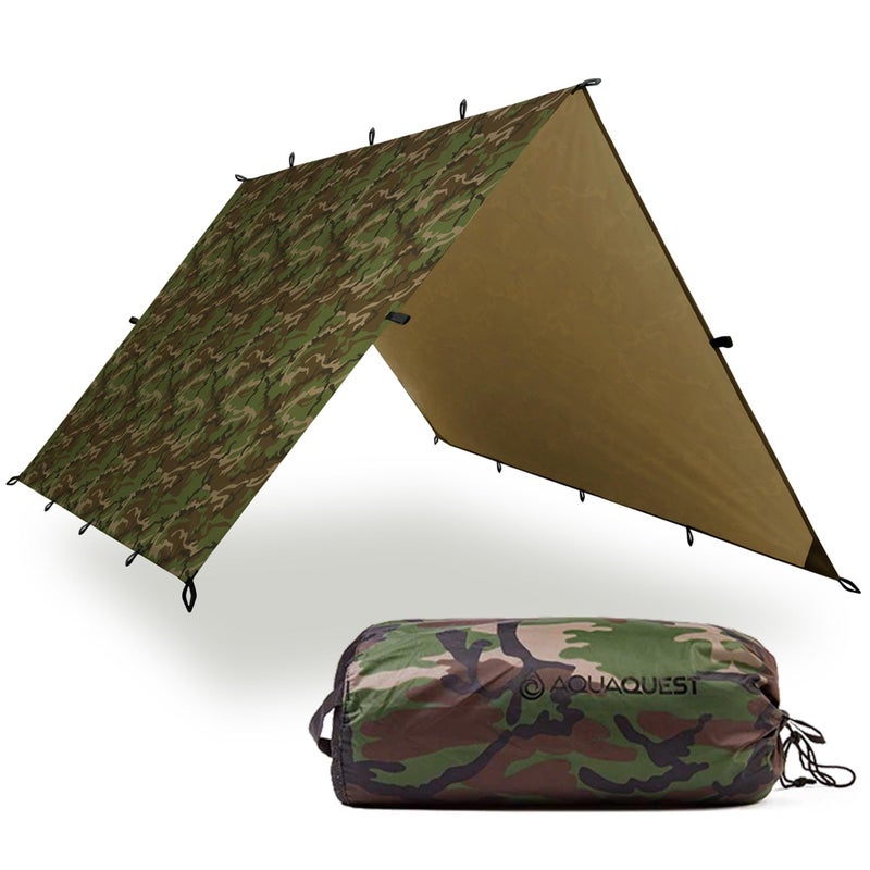 AquaQuest Defender Tarp HeavyDuty Waterproof 20000 mm SeamTaped Rain Fly for Camping Bushcraft Survival 1010 Woodland Camo