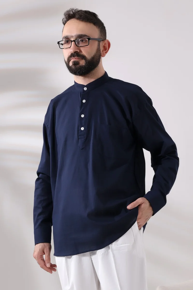 ايهفان اونلاين Navy Blue Men's Comfortable Cut 3 Button Judge Collar Hajj and Umrah Linen Shirt