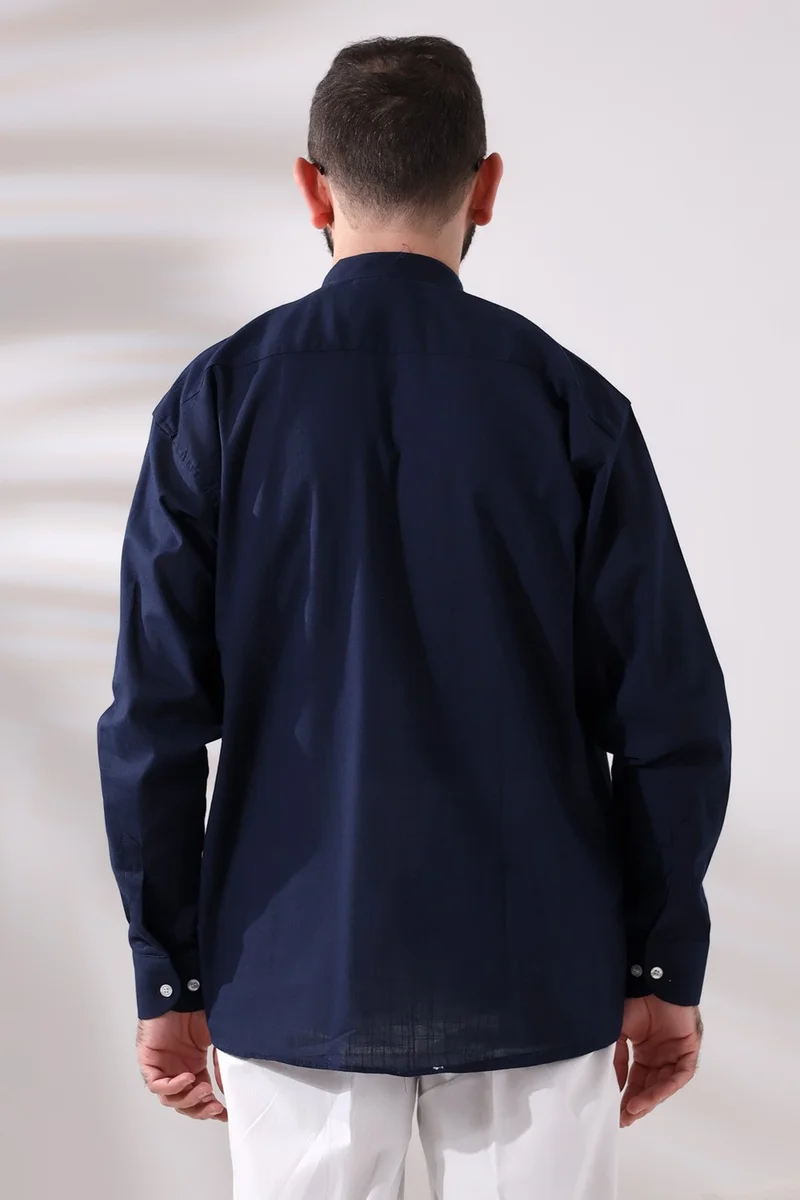 ايهفان اونلاين Navy Blue Men's Comfortable Cut 3 Button Judge Collar Hajj and Umrah Linen Shirt