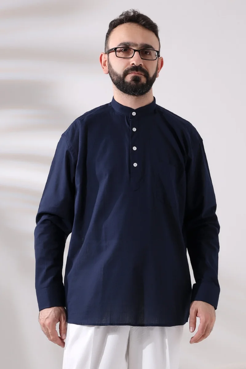 ايهفان اونلاين Navy Blue Men's Comfortable Cut 3 Button Judge Collar Hajj and Umrah Linen Shirt