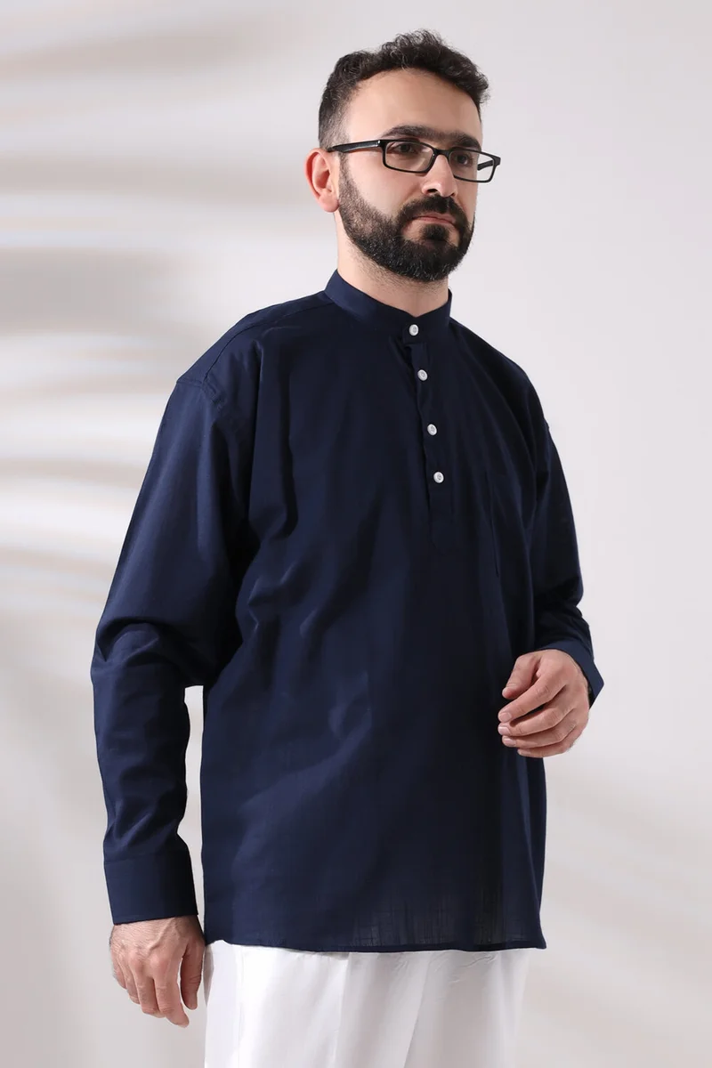 ايهفان اونلاين Navy Blue Men's Comfortable Cut 3 Button Judge Collar Hajj and Umrah Linen Shirt
