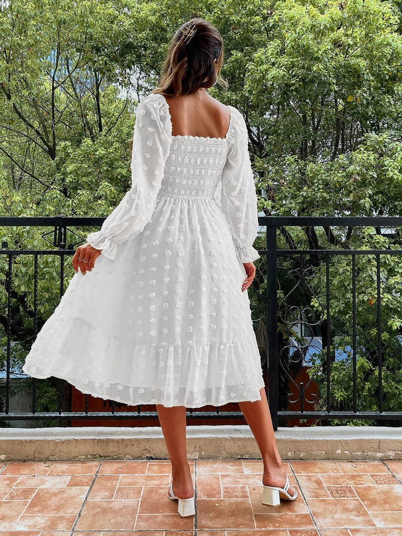 Amegoya Women's Elegant Square Neck Long Sleeve Formal Dress Fall Swiss Dot Modest Smocked Midi Wedding Guest Dress (White M) - Image 4