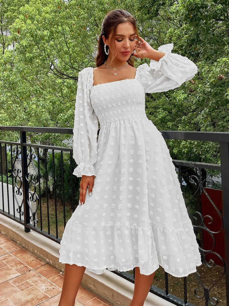 Amegoya Women's Elegant Square Neck Long Sleeve Formal Dress Fall Swiss Dot Modest Smocked Midi Wedding Guest Dress (White M) - Image 2