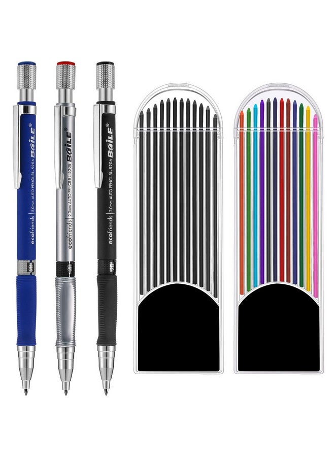 JOVITEC 3 Pieces 2.0 mm Mechanical Pencil with 2 Cases Refills, Color and Black Refills for Draft Drawing, Writing, Crafting, Art Sketching - Image 1