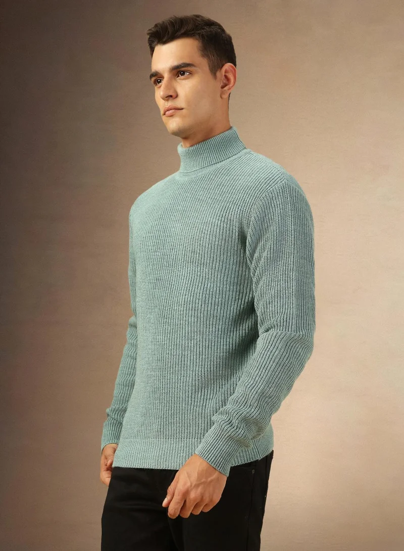 Dennis Lingo Men's Sage Green 100% Acrylic Solid Regular Fit Sweater