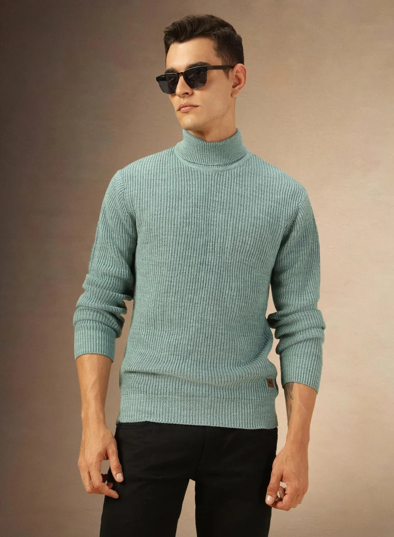 Dennis Lingo Men's Sage Green 100% Acrylic Solid Regular Fit Sweater