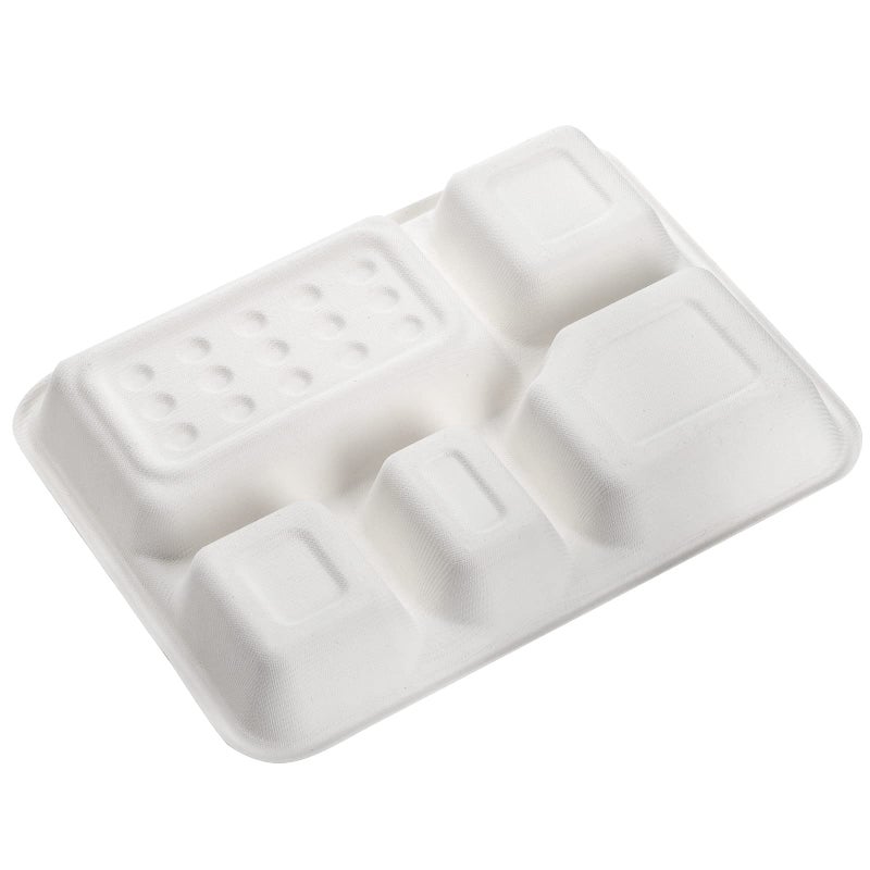 Hacaroa 50 Pack 5-Compartment Compostable Paper Plates  Natural Disposable Bagasse School Lunch Trays  Deep Divided Plates for Party  Picnic  Biodegradable  White - Image 4