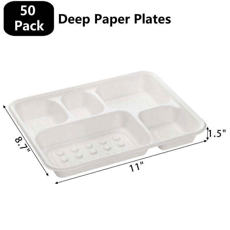 Hacaroa 50 Pack 5-Compartment Compostable Paper Plates  Natural Disposable Bagasse School Lunch Trays  Deep Divided Plates for Party  Picnic  Biodegradable  White - Image 2
