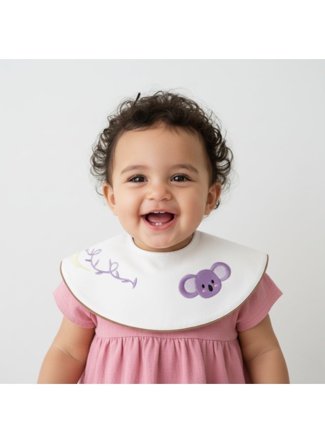 Premium Embroidered Cotton Baby Bib with Koala and Vine Design - Waterproof Adjustable Drool Bib, Rolled Edge for Elegant Protection - Image 1
