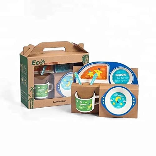CherryBox Dinnerware Plate Set for Kids - Cartoon Design Crockery Set - Bamboo Fiber Eco Friendly (Moon Sky - 5 Pc Set) - Image 3