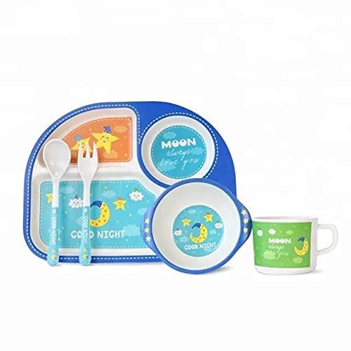 CherryBox Dinnerware Plate Set for Kids - Cartoon Design Crockery Set - Bamboo Fiber Eco Friendly (Moon Sky - 5 Pc Set) - Image 1