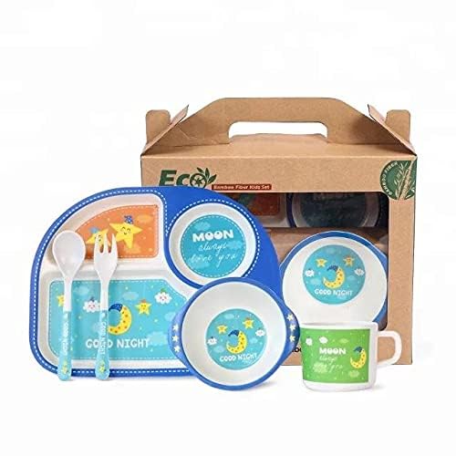 CherryBox Dinnerware Plate Set for Kids - Cartoon Design Crockery Set - Bamboo Fiber Eco Friendly (Moon Sky - 5 Pc Set) - Image 4
