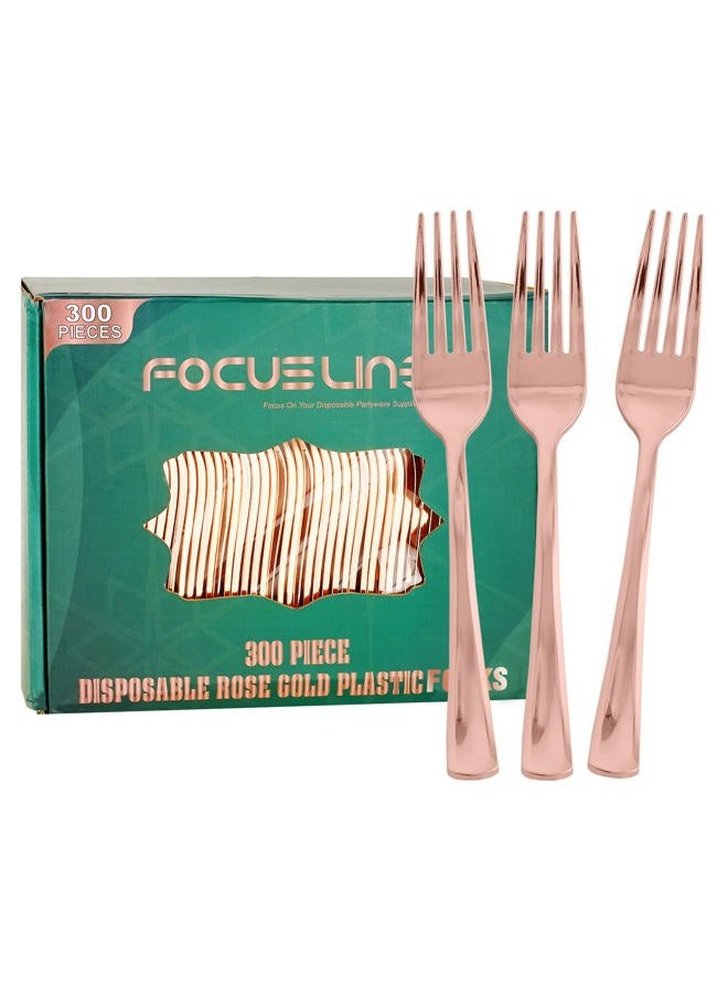 FOCUSLINE 300 Pack Disposable Rose Gold Plastic Forks, Solid and Durable Plastic Cutlery Forks, Heavy Duty Disposable Utensil Silverware for Catering, Parties, Dinners, Weddings - Image 1