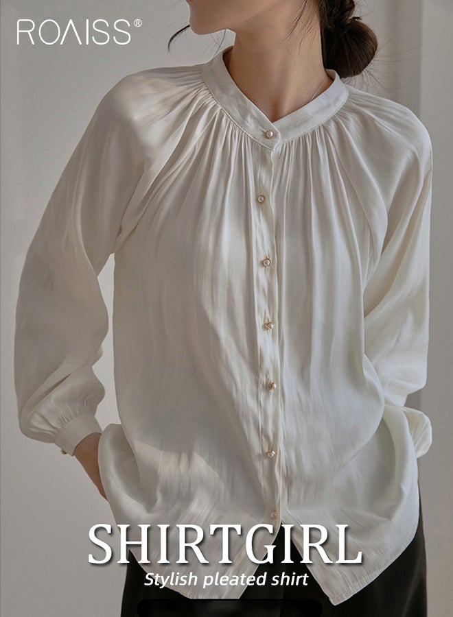 roaiss Comfy Satin Pleated Shirt for Women Casual Breathable Stand Collar Long Sleeve Shirts Ladies Retro Lantern Sleeve Temperament Skin Friendly Top Blouse for Daily Commute  - Image 2