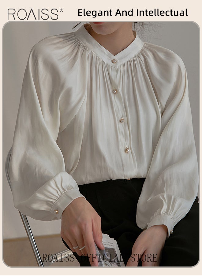 roaiss Comfy Satin Pleated Shirt for Women Casual Breathable Stand Collar Long Sleeve Shirts Ladies Retro Lantern Sleeve Temperament Skin Friendly Top Blouse for Daily Commute  - Image 4