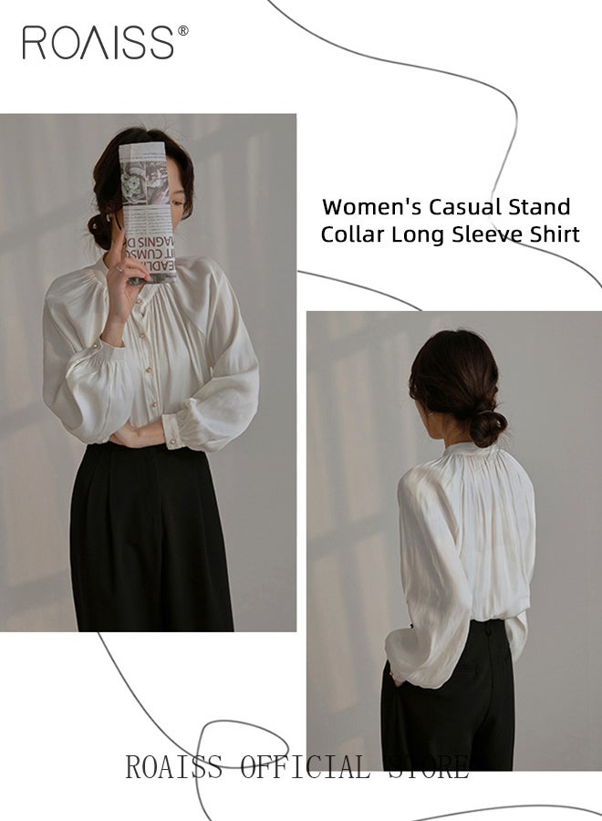 roaiss Comfy Satin Pleated Shirt for Women Casual Breathable Stand Collar Long Sleeve Shirts Ladies Retro Lantern Sleeve Temperament Skin Friendly Top Blouse for Daily Commute  - Image 3