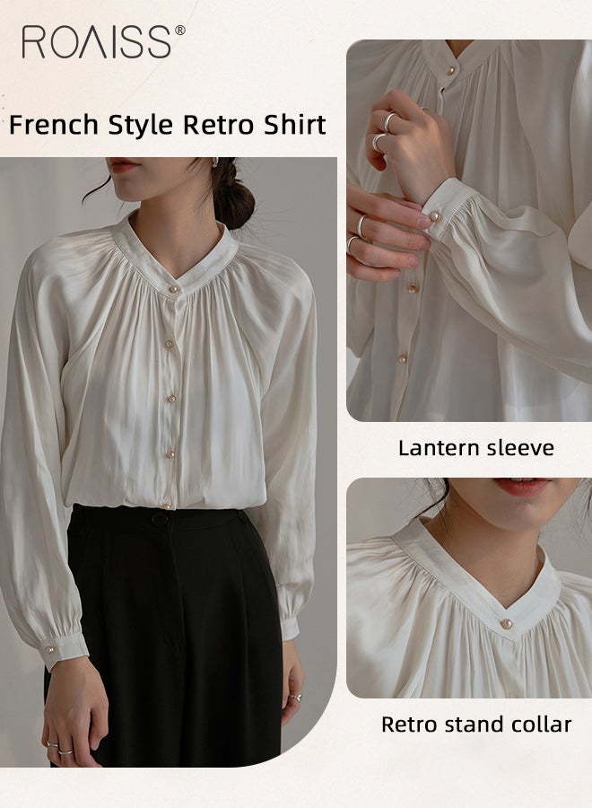 roaiss Comfy Satin Pleated Shirt for Women Casual Breathable Stand Collar Long Sleeve Shirts Ladies Retro Lantern Sleeve Temperament Skin Friendly Top Blouse for Daily Commute  - Image 5