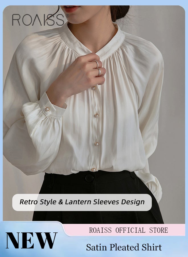 roaiss Comfy Satin Pleated Shirt for Women Casual Breathable Stand Collar Long Sleeve Shirts Ladies Retro Lantern Sleeve Temperament Skin Friendly Top Blouse for Daily Commute  - Image 1