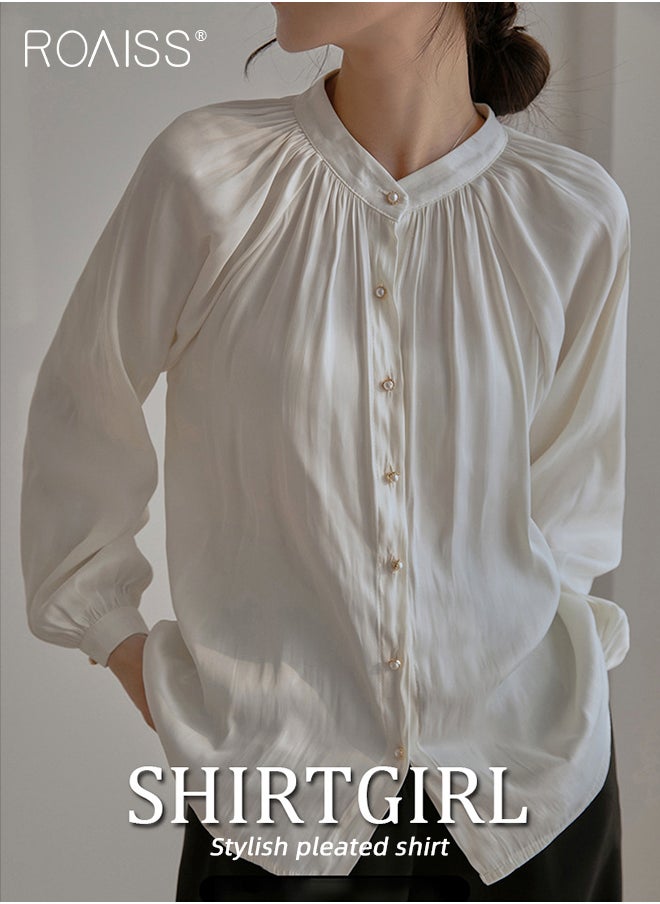 Comfy Satin Pleated Shirt for Women Casual Breathable Stand Collar Long Sleeve Shirts Ladies Retro Lantern Sleeve Temperament Skin Friendly Top Blouse for Daily Commute - pzsku/ZF26FCCB826B3173C7953Z/45/_/1720521070/f2232ea7-d06f-4cc3-931e-c4ba679fb7a6