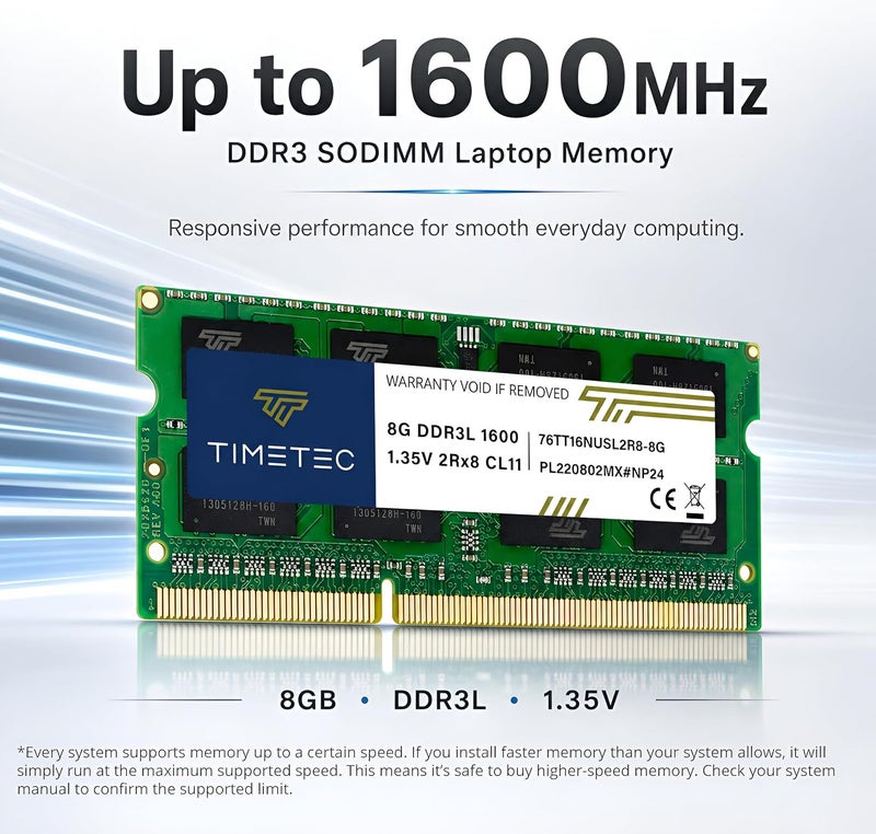تايم تيك تيمتيك 32 جيجابايت كيت (4x8 جيجابايت) DDR3L / DDR3 1600 ميجاهرتز (DDR3L-1600) PC3L-12800 / PC3-12800 غير ECC غير مخزّن 1.35 فولت/1.5 فولت CL11 2Rx8 ثنائي الرتبة 204 سن SODIMM ترقية وحدة ذاكرة وصول عشوائي للكمبيوتر المحمول والمكتبي - Image 2