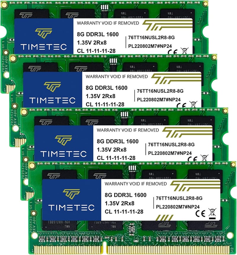 تايم تيك تيمتيك 32 جيجابايت كيت (4x8 جيجابايت) DDR3L / DDR3 1600 ميجاهرتز (DDR3L-1600) PC3L-12800 / PC3-12800 غير ECC غير مخزّن 1.35 فولت/1.5 فولت CL11 2Rx8 ثنائي الرتبة 204 سن SODIMM ترقية وحدة ذاكرة وصول عشوائي للكمبيوتر المحمول والمكتبي - Image 1