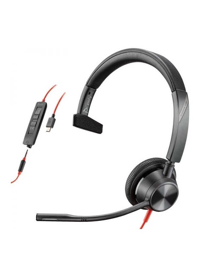Poly Blackwire 3315 USB-C Headset, On-Ear (Monoaural), Noise Cancelling Microphone, 135mm Boom Mic, 32mm Speaker, 94 dB SPL, USB/USB Type-C & 3.5mm Compatibility, 80Hz-20kHz Speaker Bandwidth, Plush Padded Headband & Ear Cushions, 215cm Total Cable Length, Windows 10/11 & macOS Compatibility, Acoustic Protection, Black | 76J14AA
