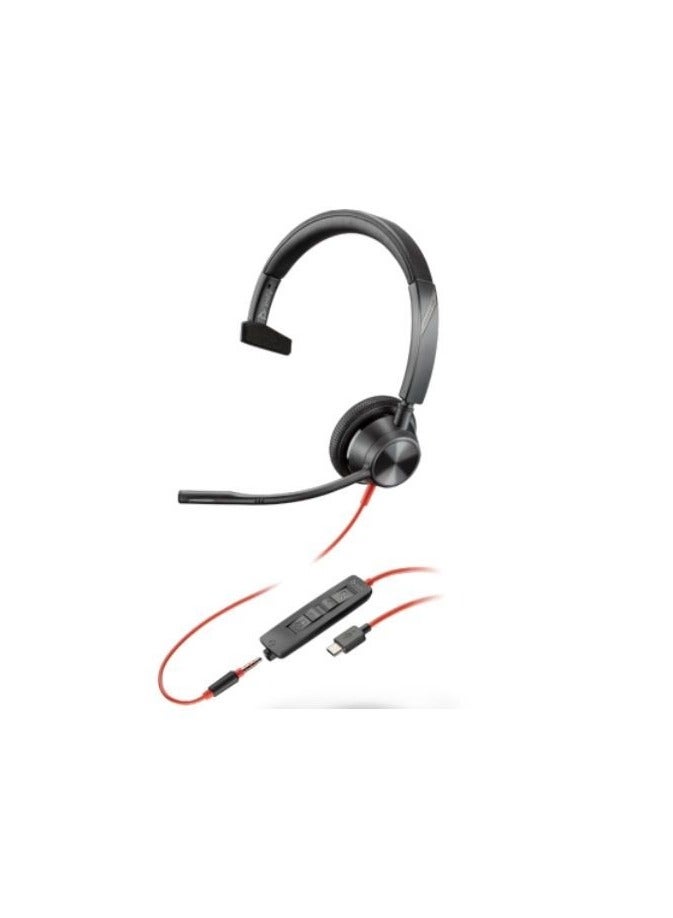 Poly Blackwire 3315 USB-C Headset, On-Ear (Monoaural), Noise Cancelling Microphone, 135mm Boom Mic, 32mm Speaker, 94 dB SPL, USB/USB Type-C & 3.5mm Compatibility, 80Hz-20kHz Speaker Bandwidth, Plush Padded Headband & Ear Cushions, 215cm Total Cable Length, Windows 10/11 & macOS Compatibility, Acoustic Protection, Black | 76J14AA
