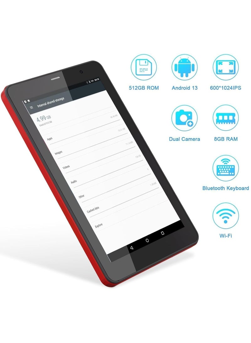 REBENUO 7" Smart Tablet, Android 13 Kids Computer Tab with Wiresless Keyboard & Protective Cover, 8GB RAM | 512 GB Storage, Single SIM 5G LTE Wifi, Zoom & Tiktok Supported (Red) - Image 5