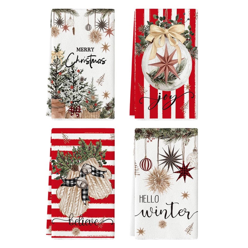 Artoid Mode Red Xmas Tree Merry Christmas Kitchen Towels Dish Towels 18x26 Inch Holiday Gloves Ball Hello Winter Decoration Hand Towels Set of 4